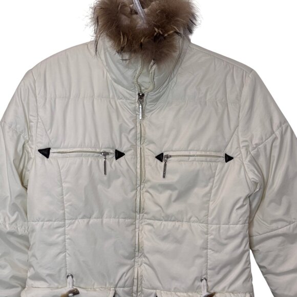 MaxMara long fur neck mid-length quilted puffer coat white women's size 8 - Picture 2 of 13